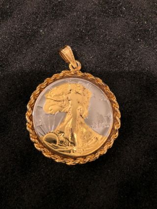 1941 Vintage Walking Liberty Half Dollar Coin Necklace Pendant Silver And Gold.