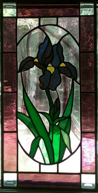 Vintage Handcrafted Stained Glass Window Panel Iris Flowers 19 X 9