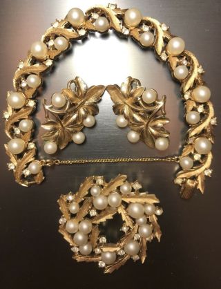 Vtg Crown Trifari Brushed Gold Tone Leaves Parure Set Earrings Brooch Bracelet