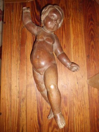 Vintage Hand Carved Wood Cherub Boy 19 Inches Signed