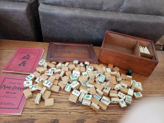 Vintage 1923 Bamboo Majong Mah Jongg 148 Tiles Wood Box Instructions