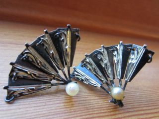 Antique Sterling Silver Signed Black Gold Fan Screw - Back White Pearl Earrings 5g