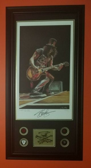 Guns And Roses Slash Autographed Signed Lithograph Guitar Picks Framed Rare