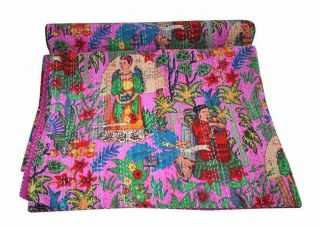 Pink Indian Frida Kahlo Kantha Quilt Vintage Bedspread Coverlets Throw Blanket