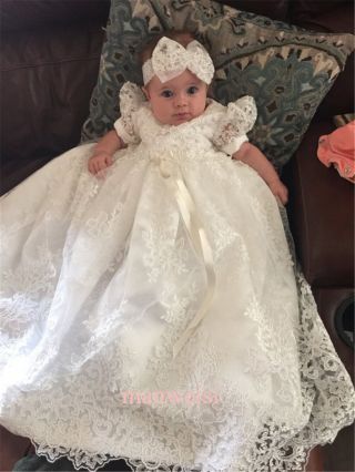 Ivory Vintage Christening Dress Baptism Gowns Lace Toddler Baby,  Bowknot