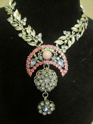 Lovely Pink Rhinestone Medallion Statement Necklace - A Repurposed Ooak