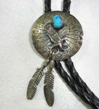 Vtg Signed Rb Navajo Sterling Silver Bolo Tie Eagle,  Feathers & Turquoise