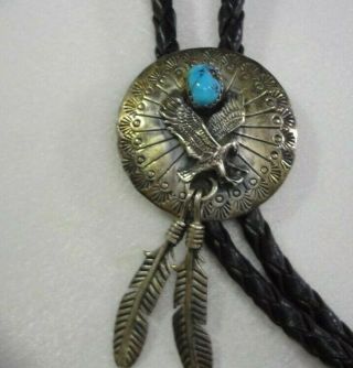 Vtg Signed RB Navajo Sterling Silver Bolo Tie Eagle,  Feathers & Turquoise 2