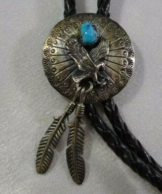 Vtg Signed RB Navajo Sterling Silver Bolo Tie Eagle,  Feathers & Turquoise 3