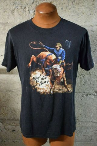 Vintage 1989 Bull Rider Cowboy Print Rodeo T - Shirt Soft & Thin Sz Large