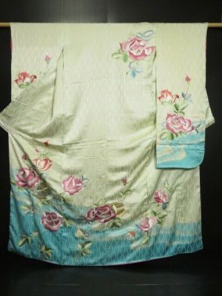 0723s01z1100 Vintage Japanese Kimono Silk Furisode Off - White Rose
