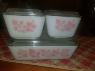 Vintage Pyrex Gooseberry Pink on White 8 pc Refrigerator Dish Set w/lids 2