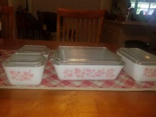 Vintage Pyrex Gooseberry Pink on White 8 pc Refrigerator Dish Set w/lids 3