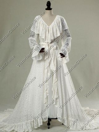Edwardian Victorian Open Lace Vintage Wedding Robe Train Fantasy Dress C049 M