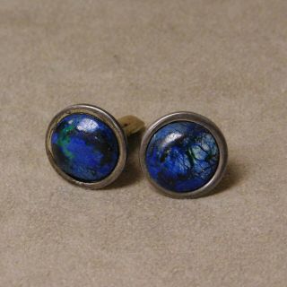 Taxco Mexico Sterling Silver And Blue Green Stone Cuff Links