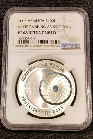 Armenia 2003 Rare Silver 100 Dram Coin.  State Bank Anniversary.  Ngc Pf68 Uc