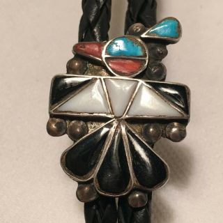 Vintage Southwestern Bolo Tie W/ Thunderbird Inlaid Coral,  Turquoise,  Mop & Onyx