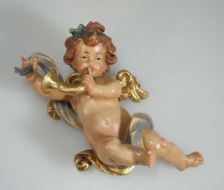 Vintage Anri Carved Wood Angel Cherub Putto With Trumpet Horn Figurine 54183