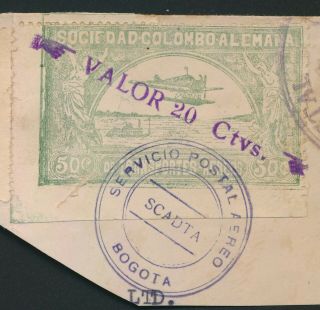RARE COLOMBIA STAMPS 1921 Sc C36 $1500 20/50c TIED WITH C12 MARCONI COVER PIECE 4