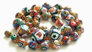 Vintage Graduated Millefiori Hand Knotted Glass Bead Necklace