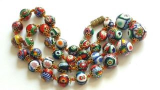 Vintage Graduated Millefiori Hand Knotted Glass Bead Necklace 2