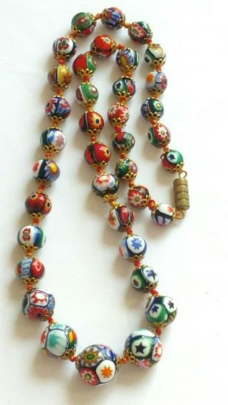 Vintage Graduated Millefiori Hand Knotted Glass Bead Necklace 3