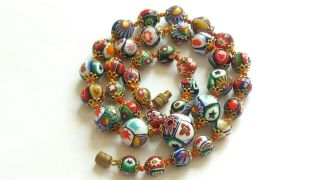 Vintage Graduated Millefiori Hand Knotted Glass Bead Necklace 4