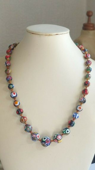 Vintage Graduated Millefiori Hand Knotted Glass Bead Necklace 5