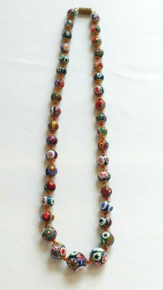 Vintage Graduated Millefiori Hand Knotted Glass Bead Necklace 7