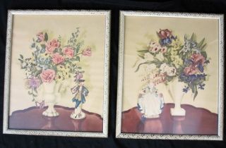 Averill 2 Vintage 1940s Framed Signed Prints Flowers And Man Woman Figurines