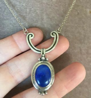 Vintage Jewellery Lovely Sterling Silver & Lapis Lazuli Signed Pendant Necklace