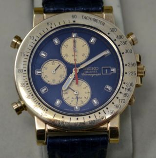 Vintage Mens Seiko 7t32 - 7a89 Alarm Chronograph Wristwatch W/ Orig.  Box & Band