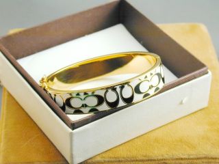 Coach Gold Tone Black White Enamel Signature C Hinged Bangle Bracelet