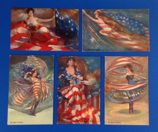 Vintage Ladies Of Liberty Postcards (5) The Spirit Of Liberty,  Flags Of The Nation