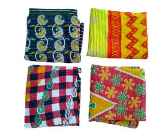 5 Pc Indian Kantha Quilts Handmade Vintage Reversible Blanket Bedspread