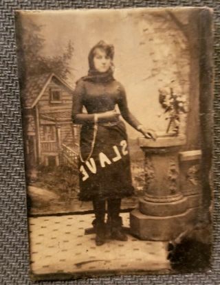 Rare Tintype Of Chained Woman Wearing " Slave " Dress & Rubber Black Gloves.