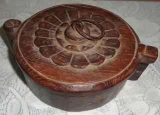 Vintage Old Hand Carved Tribal Wooden Round Shape Spice Box Masala Box Pt