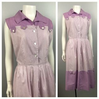 1940s Cotton Dress / Lavender And White Stripe Button Up Frock Dress / Xl