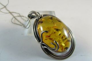 Vintage Estate Magnificent 925 Sterling Silver Large Amber Pendant Necklace