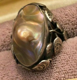 Vintage Sterling Silver Cut Out Leaves Oval Blister Mabe Pearl Ring Sz 3.  5
