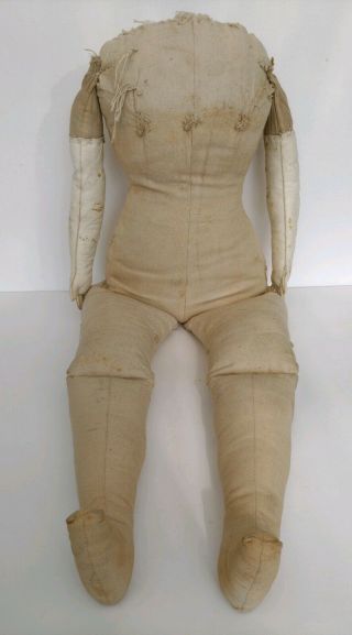 Antique Cloth Doll Body 28 " China Bisque Metal Shoulder Plate Head Leather Hands