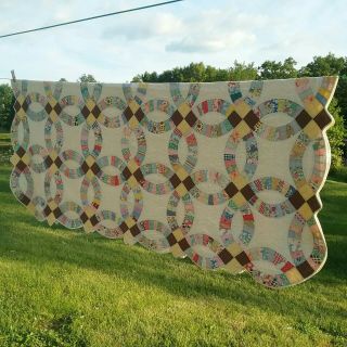 Vintage Full Size Hand Stitched Double Wedding Ring Quilt B&b Country Feed Sack