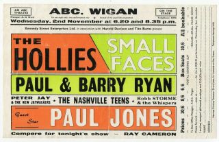 Small Faces,  Hollies,  Paul Jones Vintage Uk Concert Flyer Wigan 1966