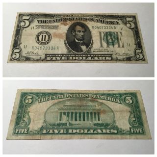 Vintage Five Dollar $5 Dallas 1928 Numerical Federal Reserve Note Green Seal