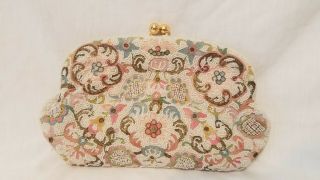 Vintage Josef Made In France Hand Beaded Tambour Pink White Clutch Purse