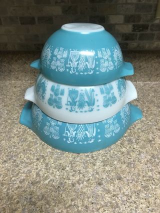 Set 3 Vintage Pyrex Turquoise Amish Butterprint Cinderella Mixing Nesting Bowls