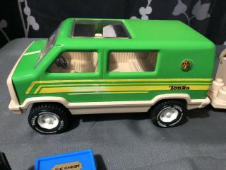 Vintage 1970 ' s Tonka Camper Green Van and Pop up Camping Trailer. 2