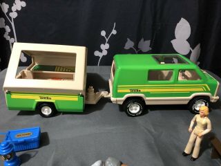 Vintage 1970 ' s Tonka Camper Green Van and Pop up Camping Trailer. 5