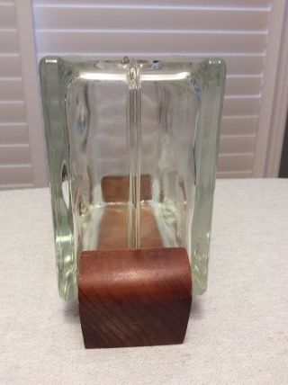 Vintage Frank Oda Etched Glass Hawaii Glass Block Anthurium Vase On Koa Stand 3