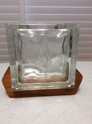 Vintage Frank Oda Etched Glass Hawaii Glass Block Anthurium Vase On Koa Stand 4